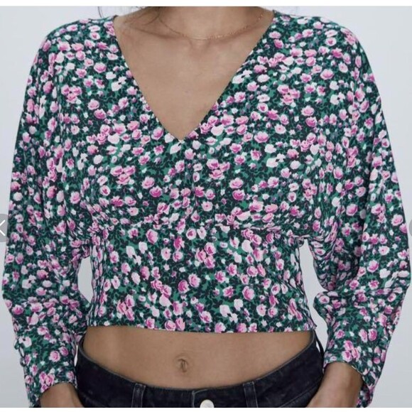ZARA Floral V-neck Cropped Smocked Puff‎ Sleeve Blouse Top Green Pink Size S - Picture 1 of 4